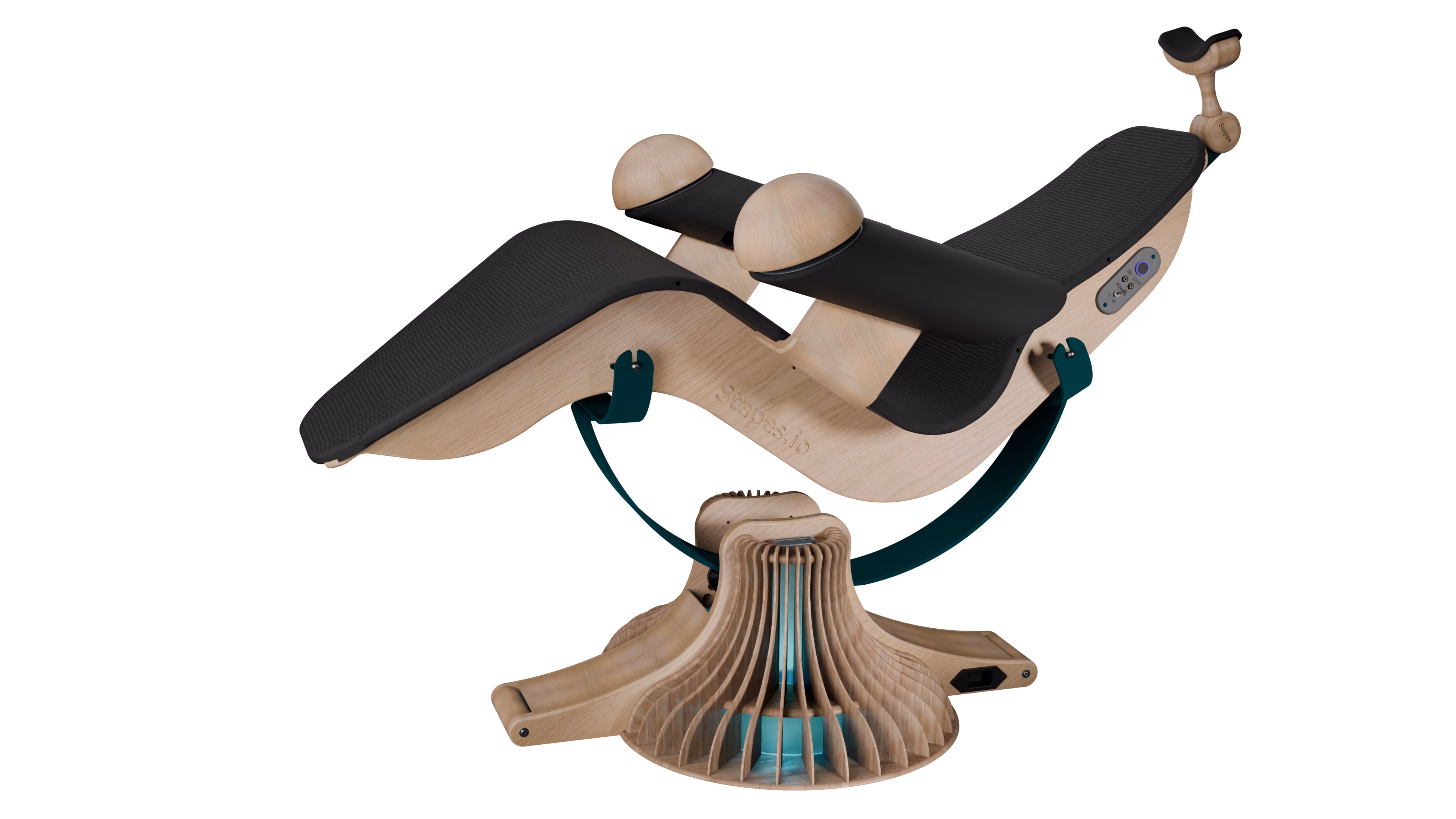 High-tech acoustic transducers integrated into the handcrafted wooden framework